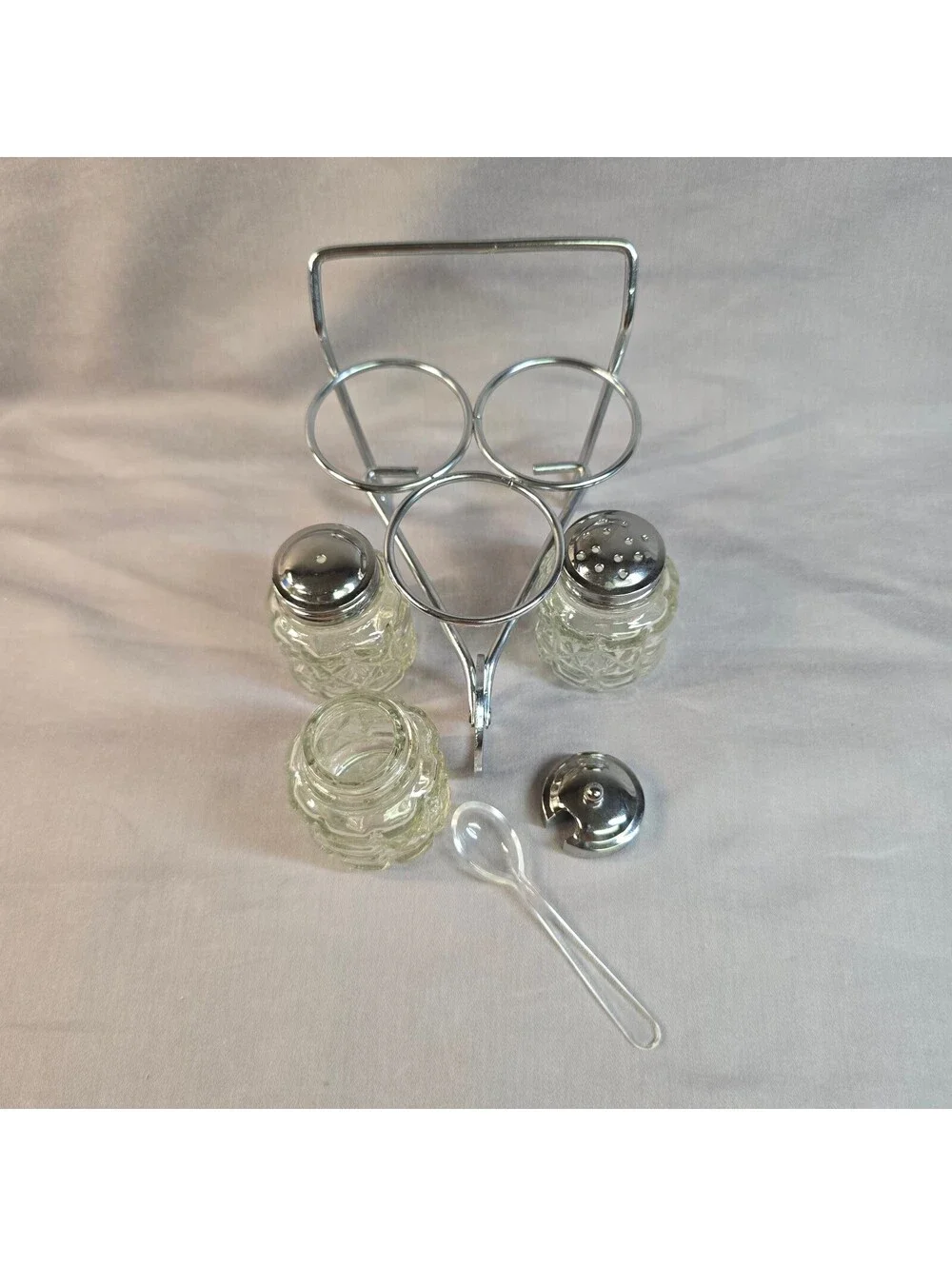 Vintage Mid-Century Chrome Wheelbarrow Condiment Set Salt, Pepper, Mustard Cruet